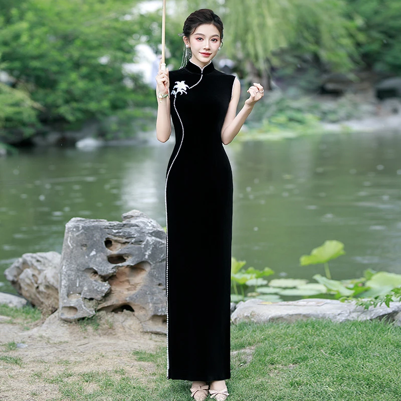 YD4502单开叉黑色丝绒走秀旗袍无袖超长款形体礼仪表演出显瘦珍珠