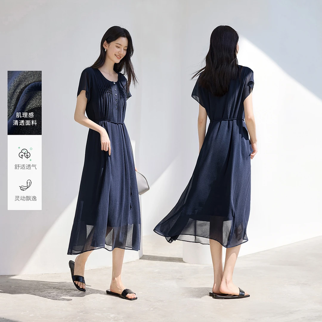 IHIMI/海谧褶皱艺术重工花褶长裙2025夏季知性灵动飘逸连衣裙女