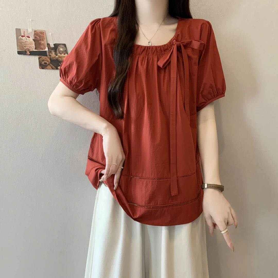 红色方领短袖衬衫女2025新款夏季大码胖mm韩系遮肚显瘦娃娃衫上衣