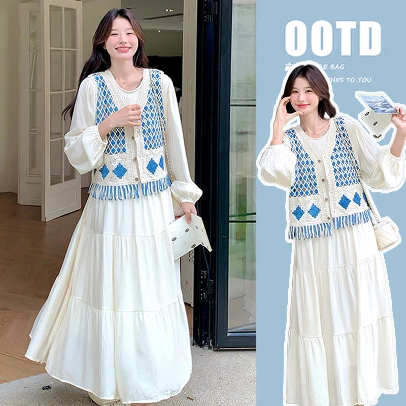 2025孕妇春装长袖连衣裙春季钩花马甲2025新款孕妇裙春秋怀孕裙子