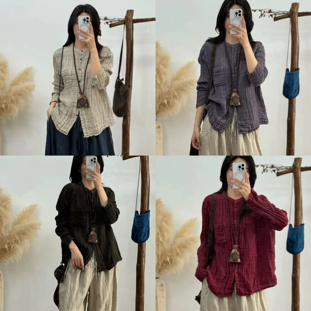 双层肌理麻文艺风圆领衫