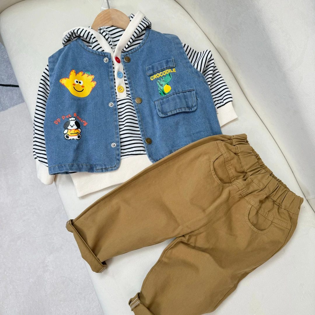 2025春季新款童装男宝女宝牛仔马甲三件套春秋新款儿童