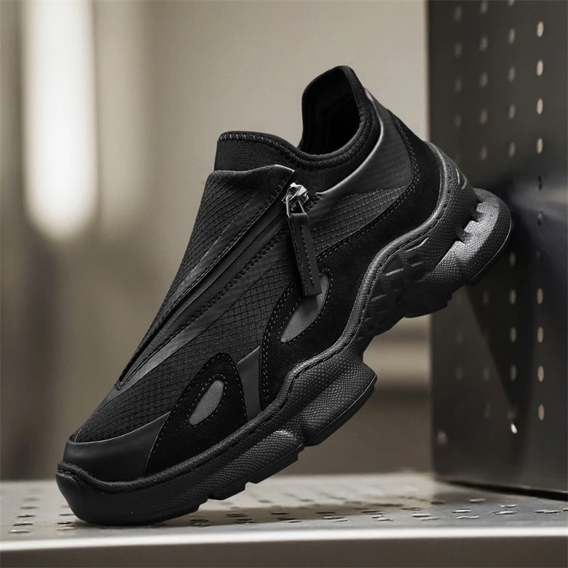 徒步鞋男2025新款黑武士前拉链休闲男鞋厚底防滑户外跑步运动鞋