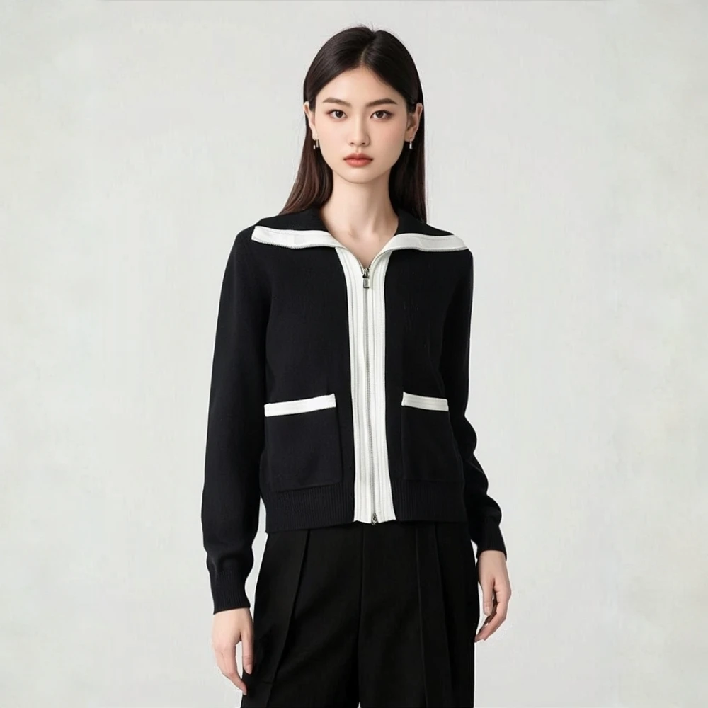 TA图剪标品牌折扣高端绵羊毛休闲潮流开衫撞色针织衫上衣女10A