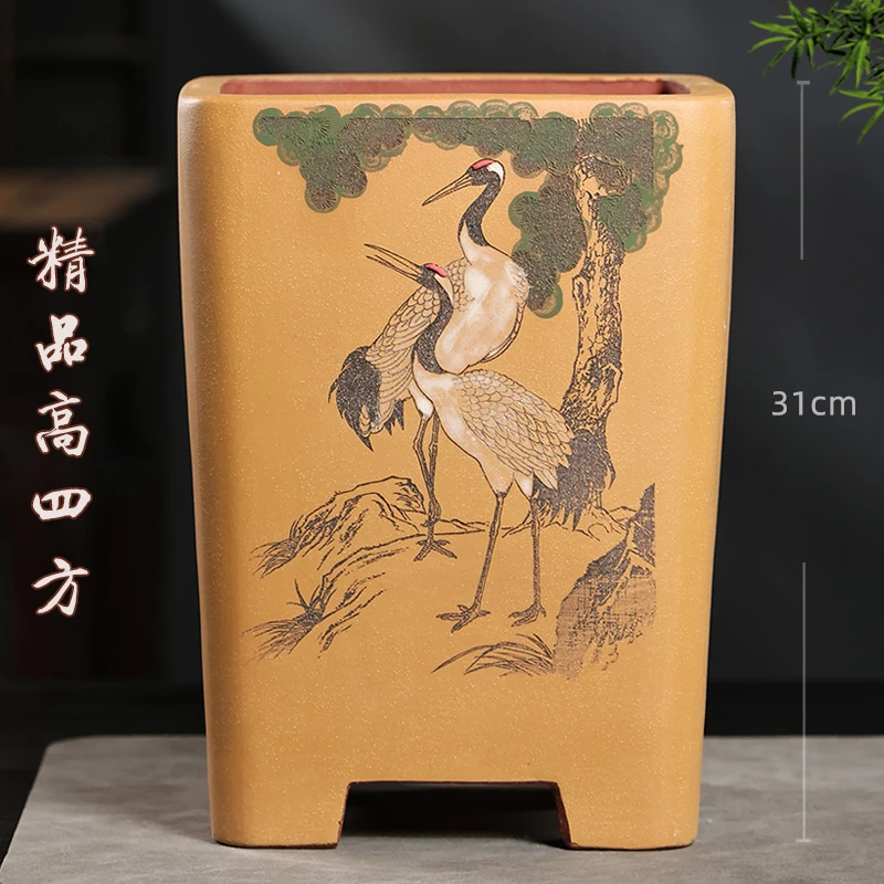 精品紫砂兰花盆大号四方高花盆签筒悬崖老桩彩绘中国风花盆家用