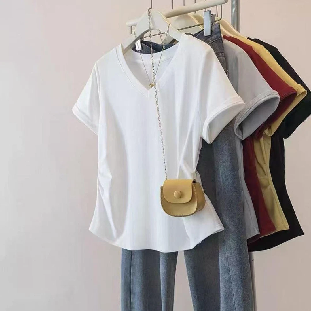 大码女装2025夏季新款收腰领短袖显瘦小众百搭短袖恤上衣#3913