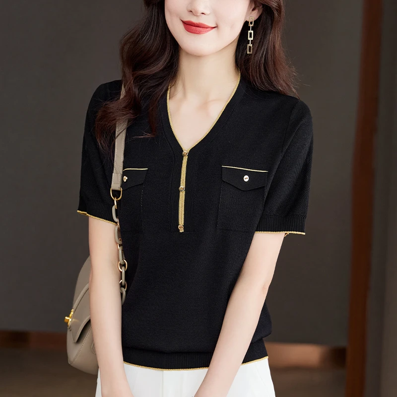 夏装大码V领针织衫女宽松洋气小香风上衣显瘦百搭薄款冰丝短袖T恤