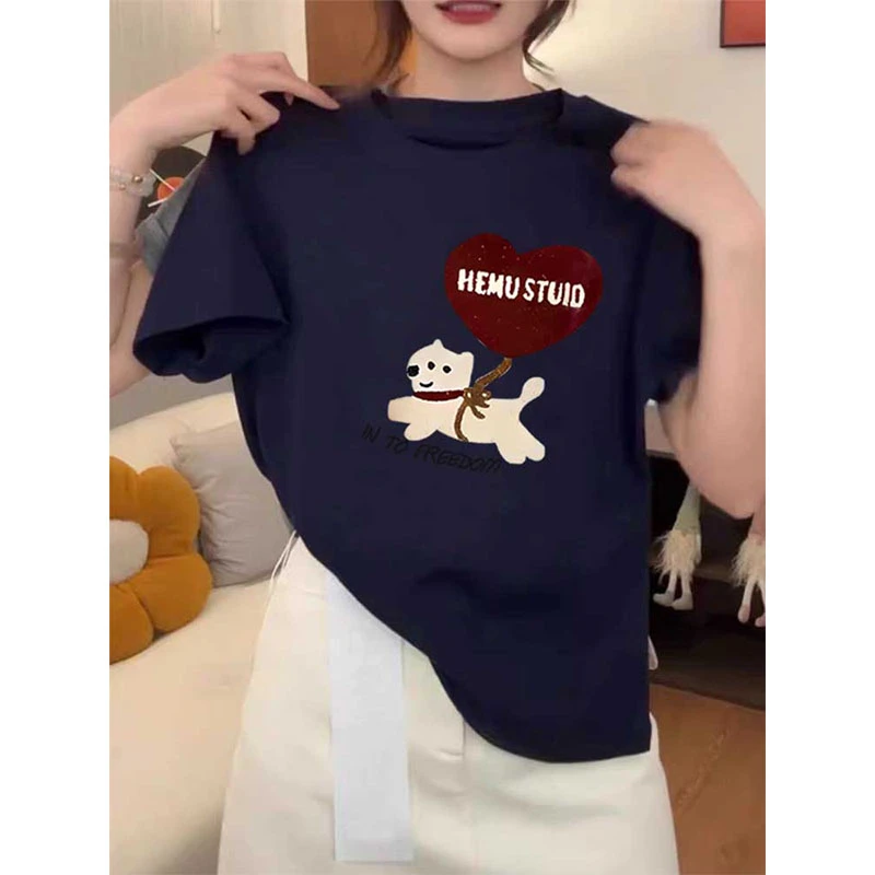 2025新款藏青色正肩卡通圆领短袖t恤女时尚减龄显瘦高级上衣夏季