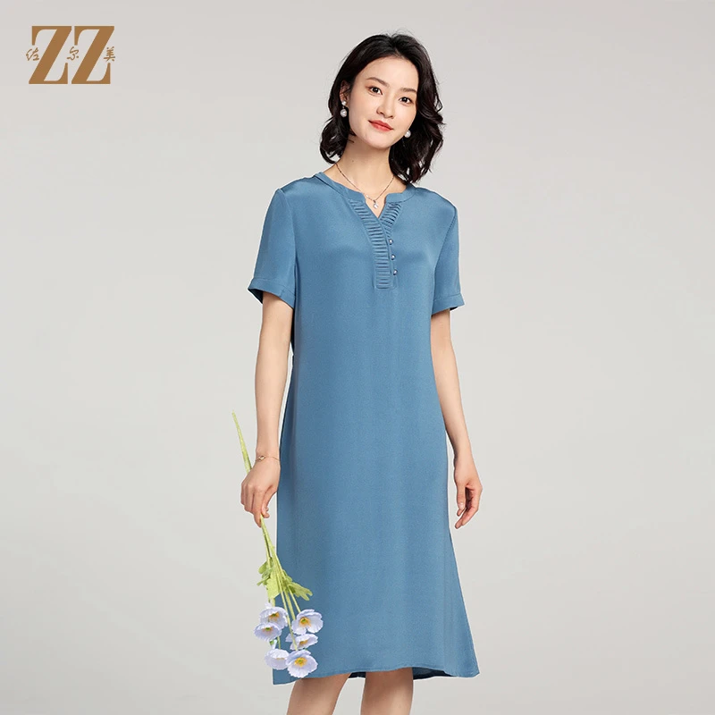 佐尔美夏季新款100%桑蚕丝真丝休闲短袖复古连衣裙裙子女E22LS87