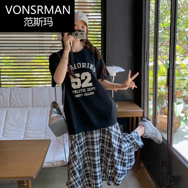 韩版宽松休闲连衣裙女2025夏季新款巨好看格子拼接长裙别致T恤裙