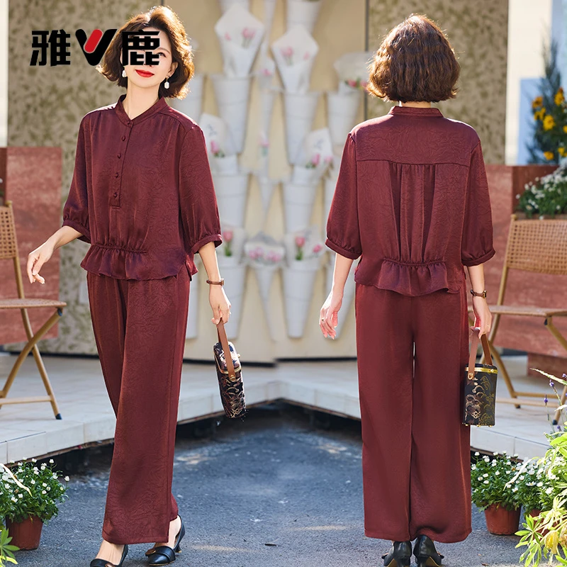 雅鹿优选中年妈妈时尚洋派七分袖恤衫套装2025夏季贵夫人阔腿裤两