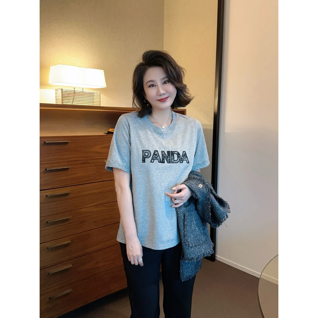 微胖女装【时髦通勤】蕾丝字母绣花T恤短袖上衣春季百搭重工20625