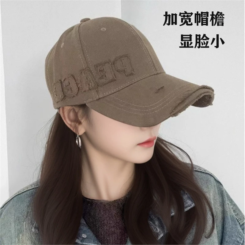 复古破洞棒球帽女新款加大加深宽檐显脸小硬顶鸭舌帽大头围帽子男