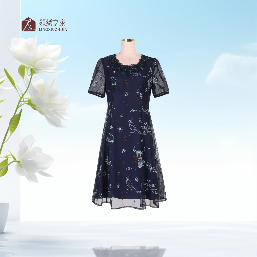 【天马*行空】台湾装刺绣连衣裙减龄星空蓝小个子妈妈#L766701H