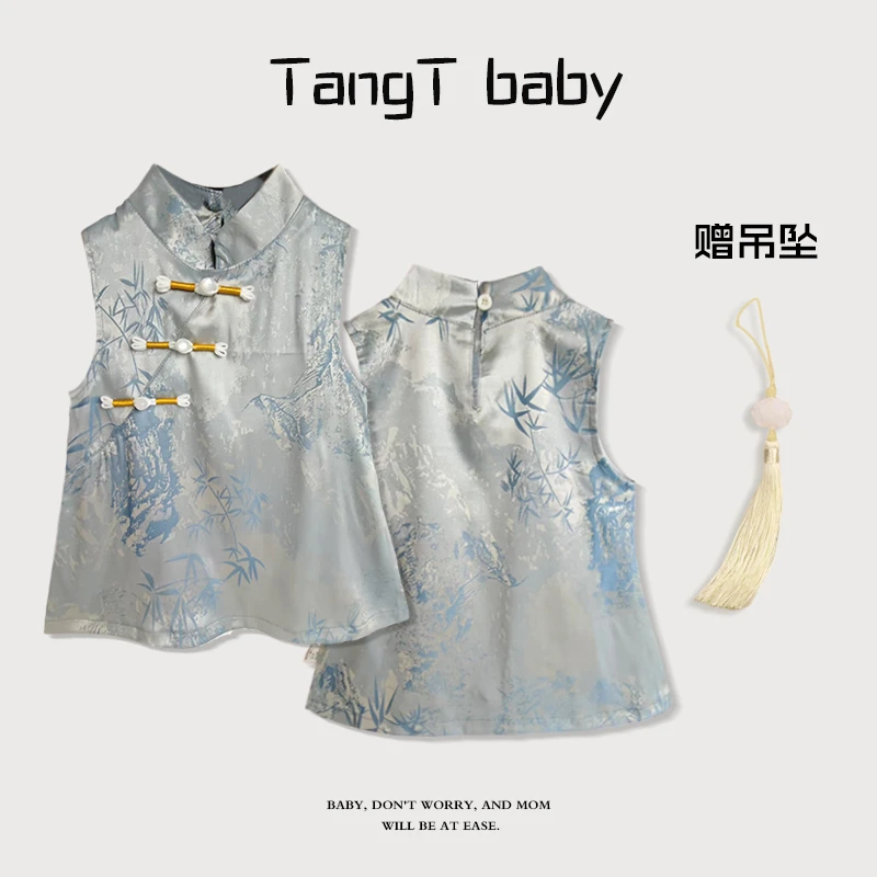 中国风套头休闲风汉服连衣裙儿童套装服装缎面百日宴百搭中式穿搭