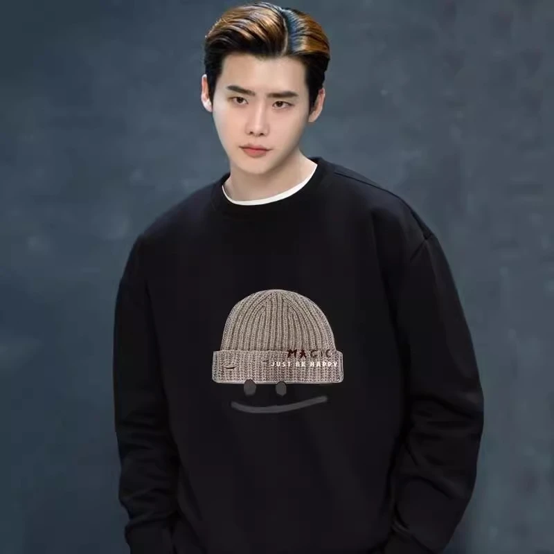 仓石一树潮牌圆领卫衣男款春秋冬帽子笑脸印花圆领加绒打底衫长袖