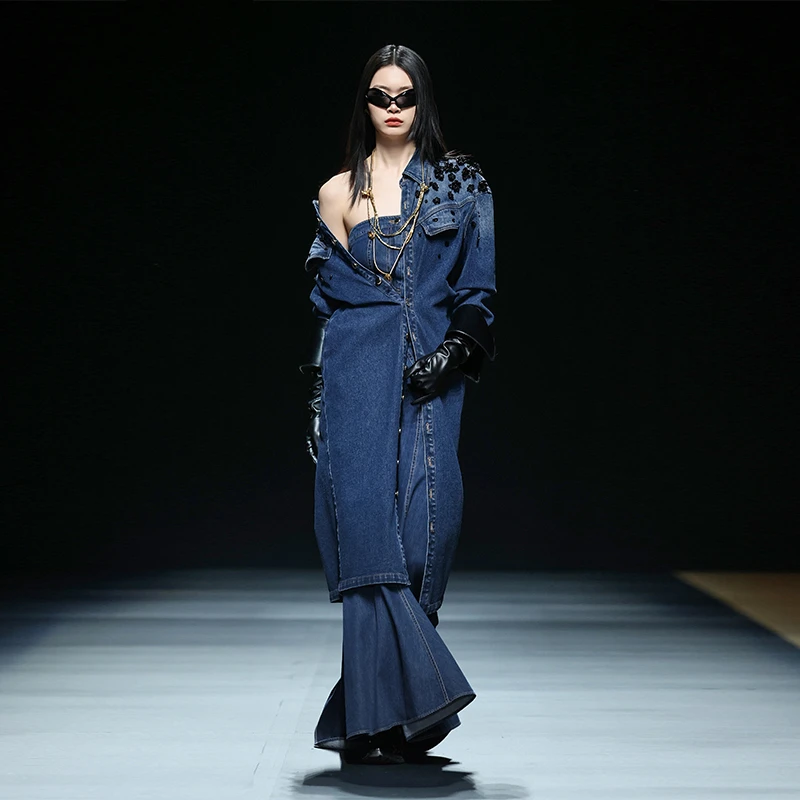 MAGGIE MA 马婧设计师款时尚钉珠复古单排扣修身牛仔连衣裙298D