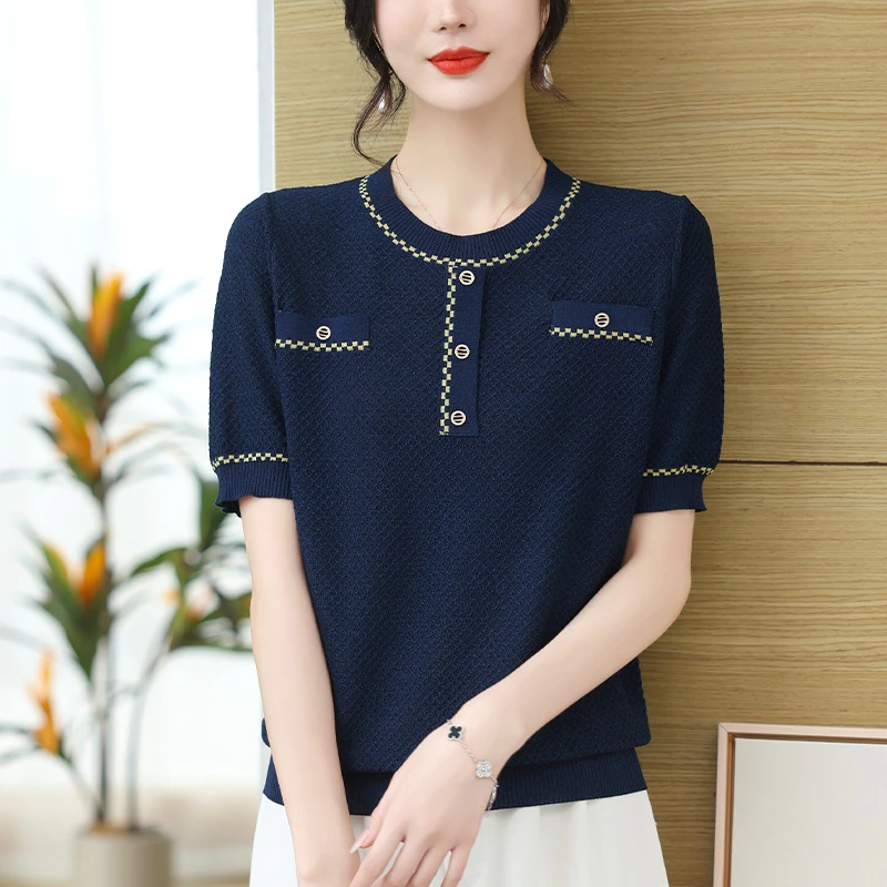 法式小香风上衣薄款冰丝短袖t恤女士夏季新款宽松针织衫胖mm大码