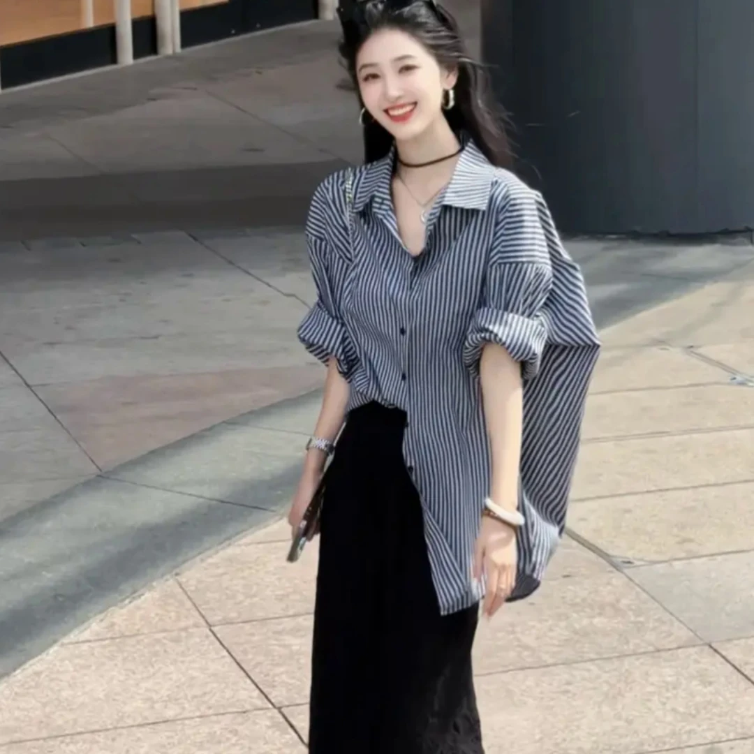 冬季2025宽松条纹衬衫女新款法式小资慵懒松弛感气质上中式白衬衣