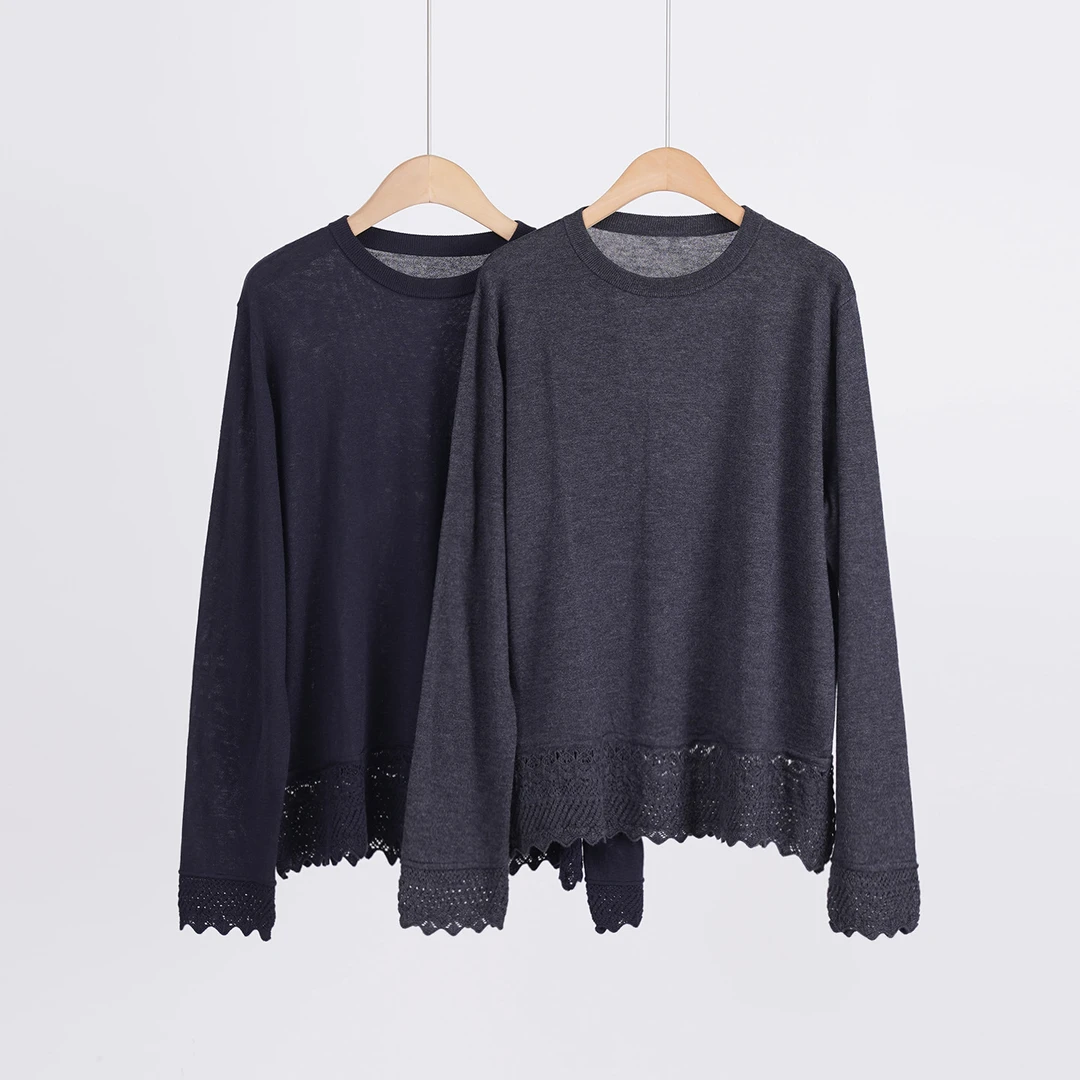 超细美丽诺羊毛钩花镂空经典慵懒感女士长袖针织衫T恤(252134)