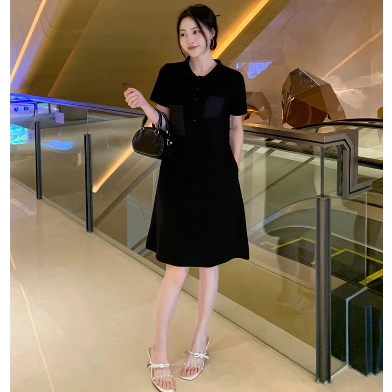 2025夏季短袖新款法式复古小黑裙中长款收腰显瘦POLO领连衣裙876
