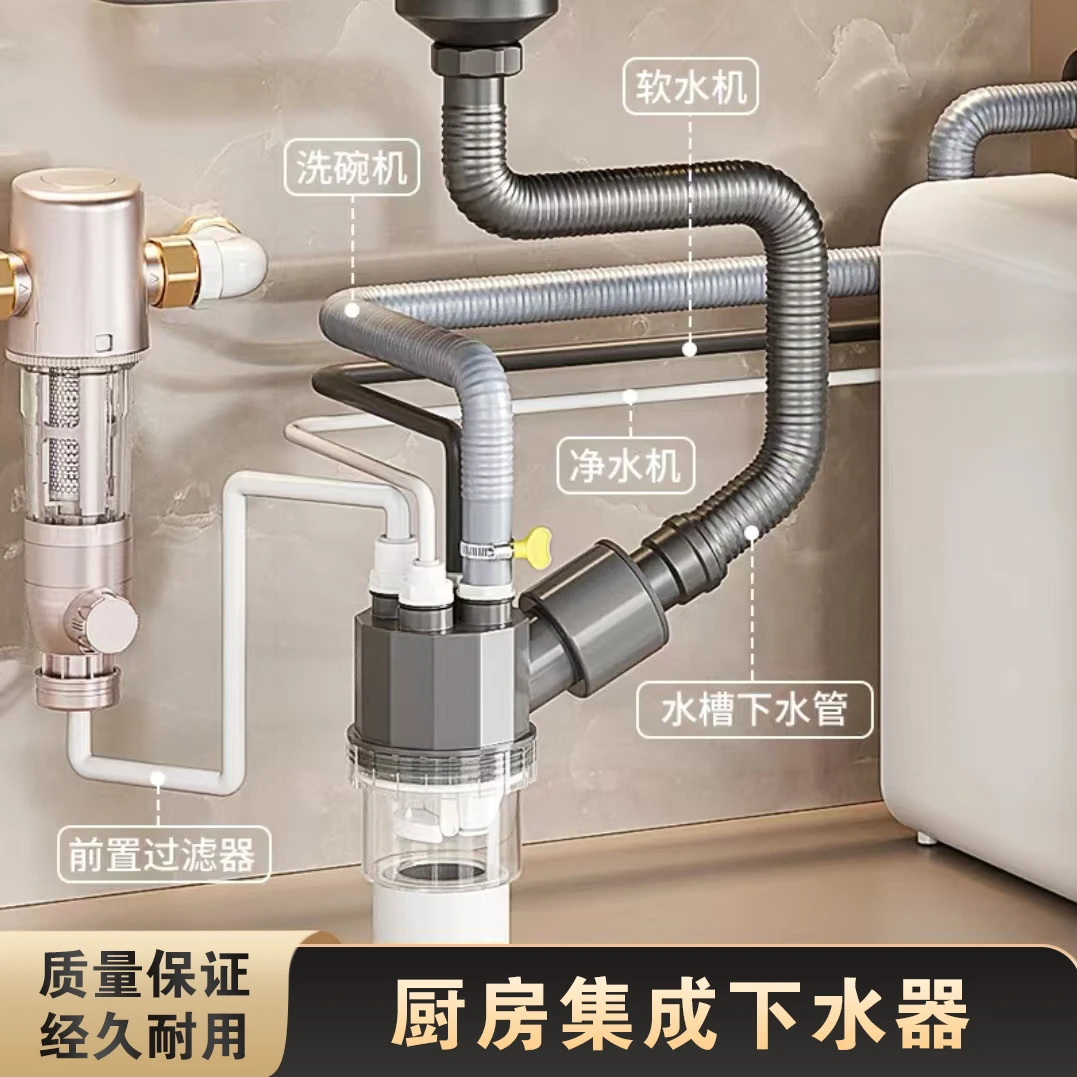 厨房/阳台多通集成下水器可接水槽净水前置和洗碗机防臭防返溢