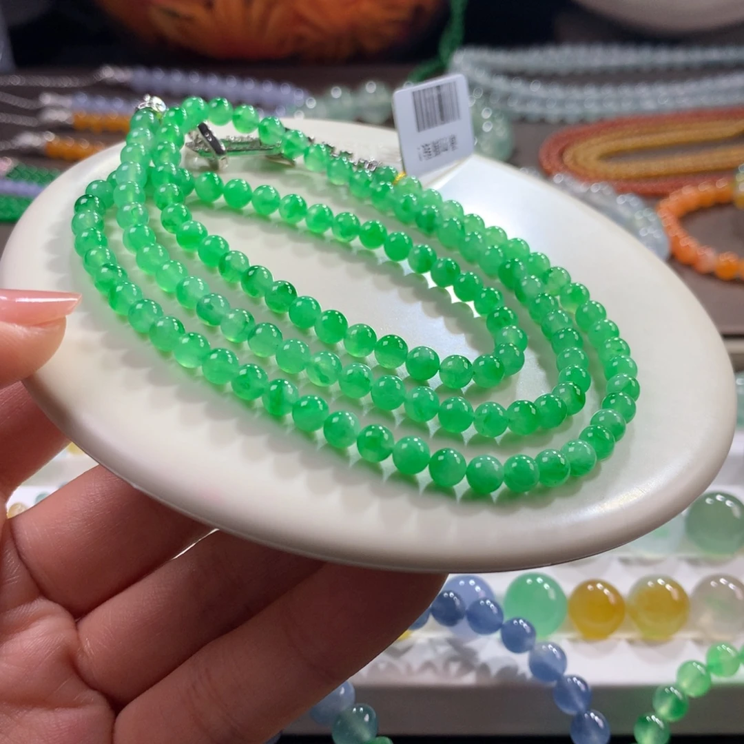 翡翠未镶嵌手链木那冰甜绿飘金丝绿卡4.6