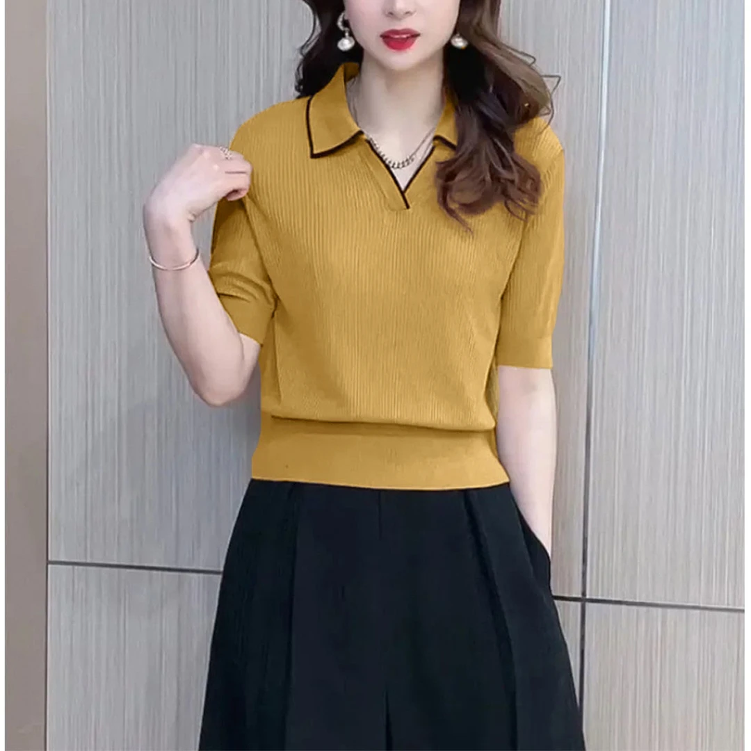 高级感夏季中袖宽松针织衫莱赛尔拼色薄款polov领显瘦上衣女装