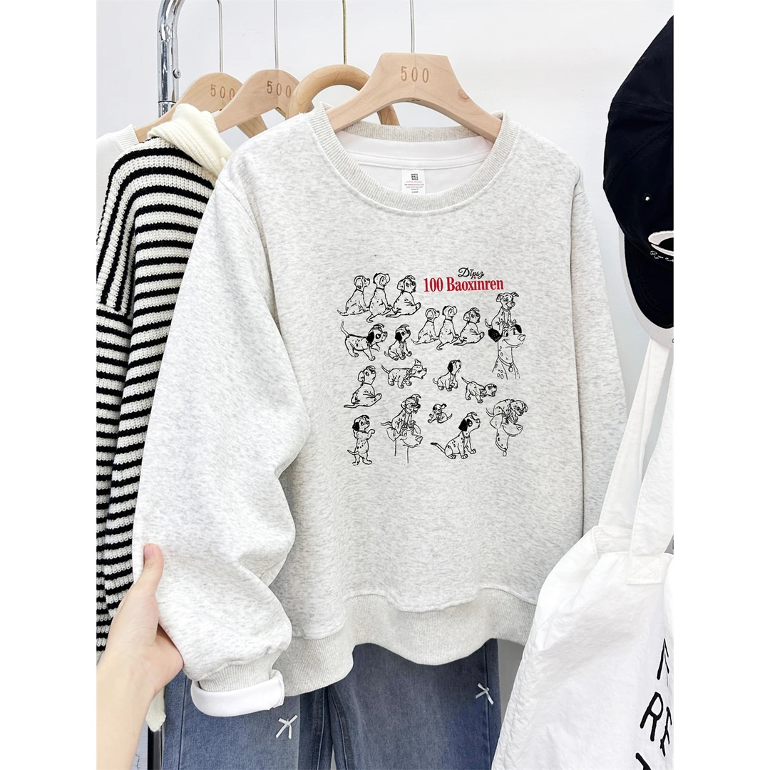 潮牌动物小狗图案圆领正肩卫衣女2025秋冬款胖MM大码加绒加厚上衣