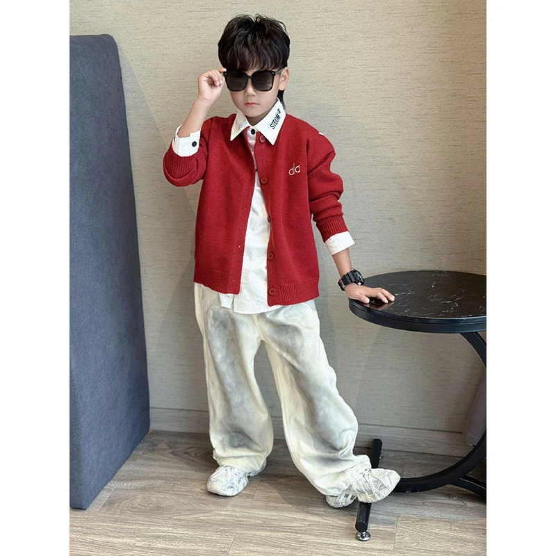 男童2025秋季新款百搭字母绣花针织长袖毛衣中大童个性针织开衫