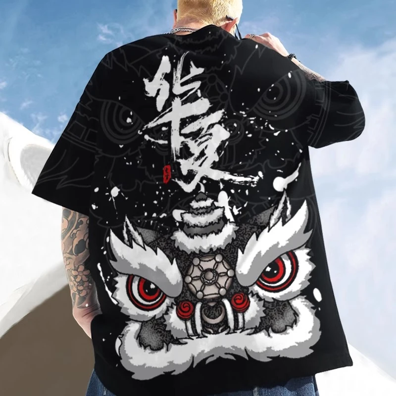 醒狮印花短袖男2025新款t恤夏季中国风大码加肥设计感小众半截袖