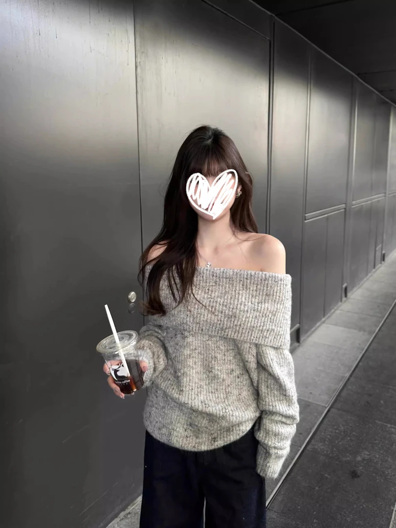 灰色露肩韩系套头毛衣女秋慵懒风宽松休闲显瘦气质一字肩长袖上衣