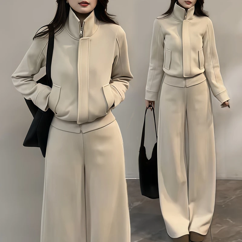 香朵儿【懒人乘机】美式松驰感套装女秋冬立领卫衣外套阔腿裤两件套