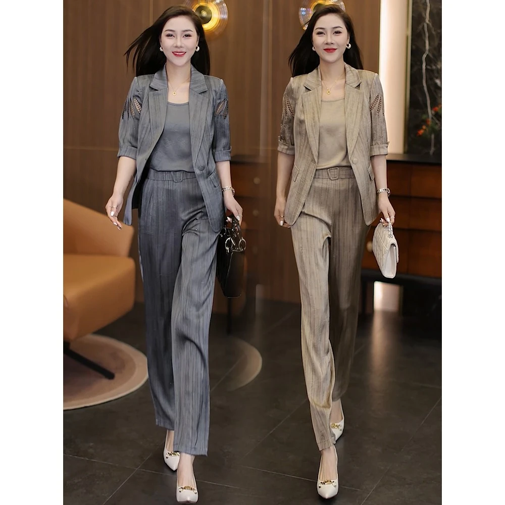时尚垂感中袖西服套装女2025夏季新款气质薄款小西装阔腿裤三件套