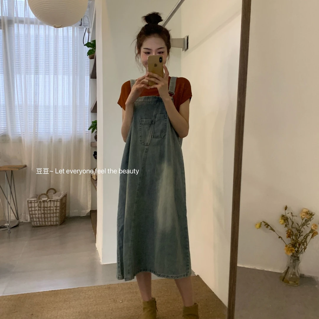 韩版复古牛仔背带连衣裙女夏季新款减龄遮肉宽松显瘦气质吊带长裙