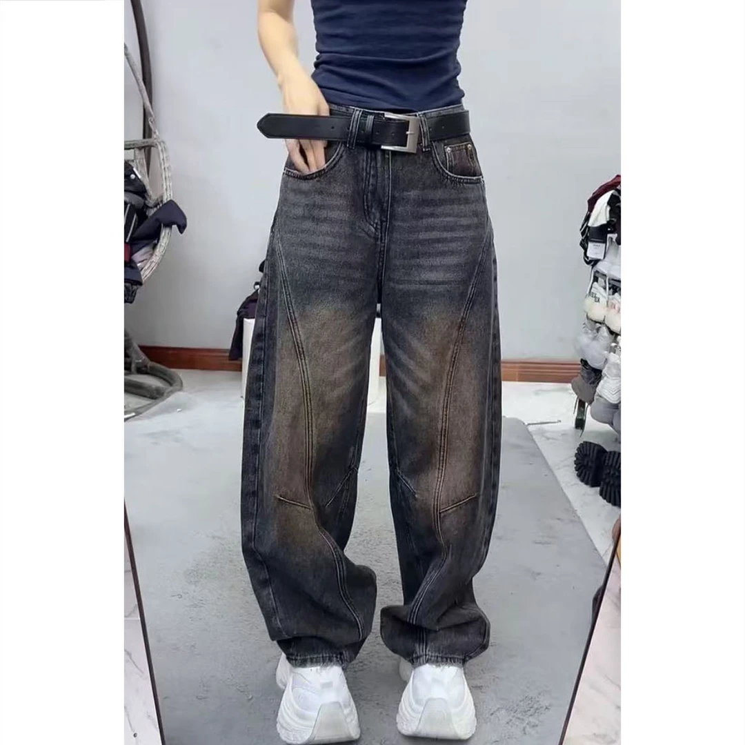 艾塔莉秋季女裤弯刀裤宽松版阔腿裤牛仔裤长裤做旧香蕉裤大码遮肉