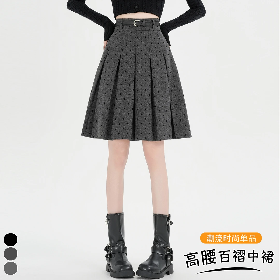 高级感灰色毛呢百褶半身裙女秋冬2025新款高腰a字短裙五分jk中裙