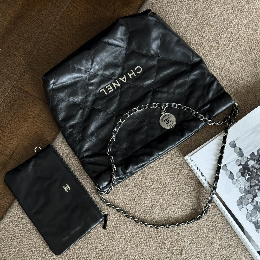 99新 Chanel/香奈儿 Azul-23S黑银牛皮22bag小号链条单肩包/39179