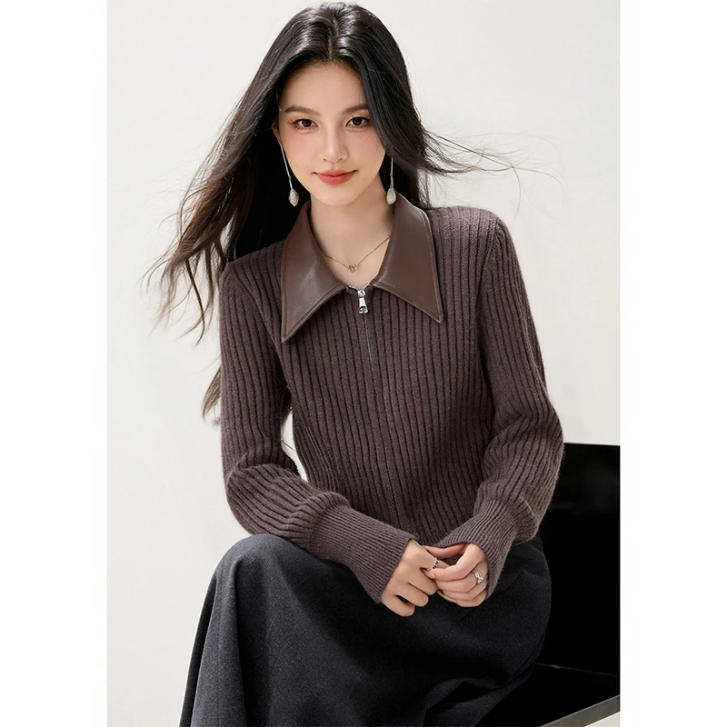 设计感拼接皮领毛衣外套女2025秋装新款韩版修身显瘦针织开衫上衣