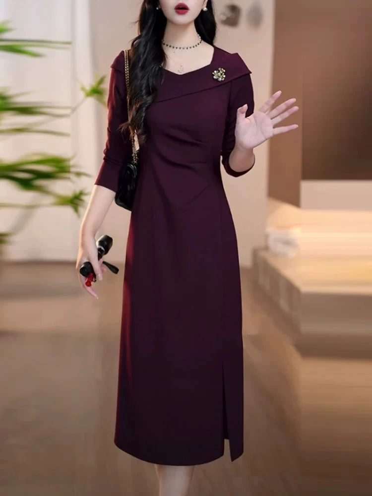 【连衣裙】2025秋季新款紫色斜肩领透肤优雅气质时髦显瘦设计连衣裙