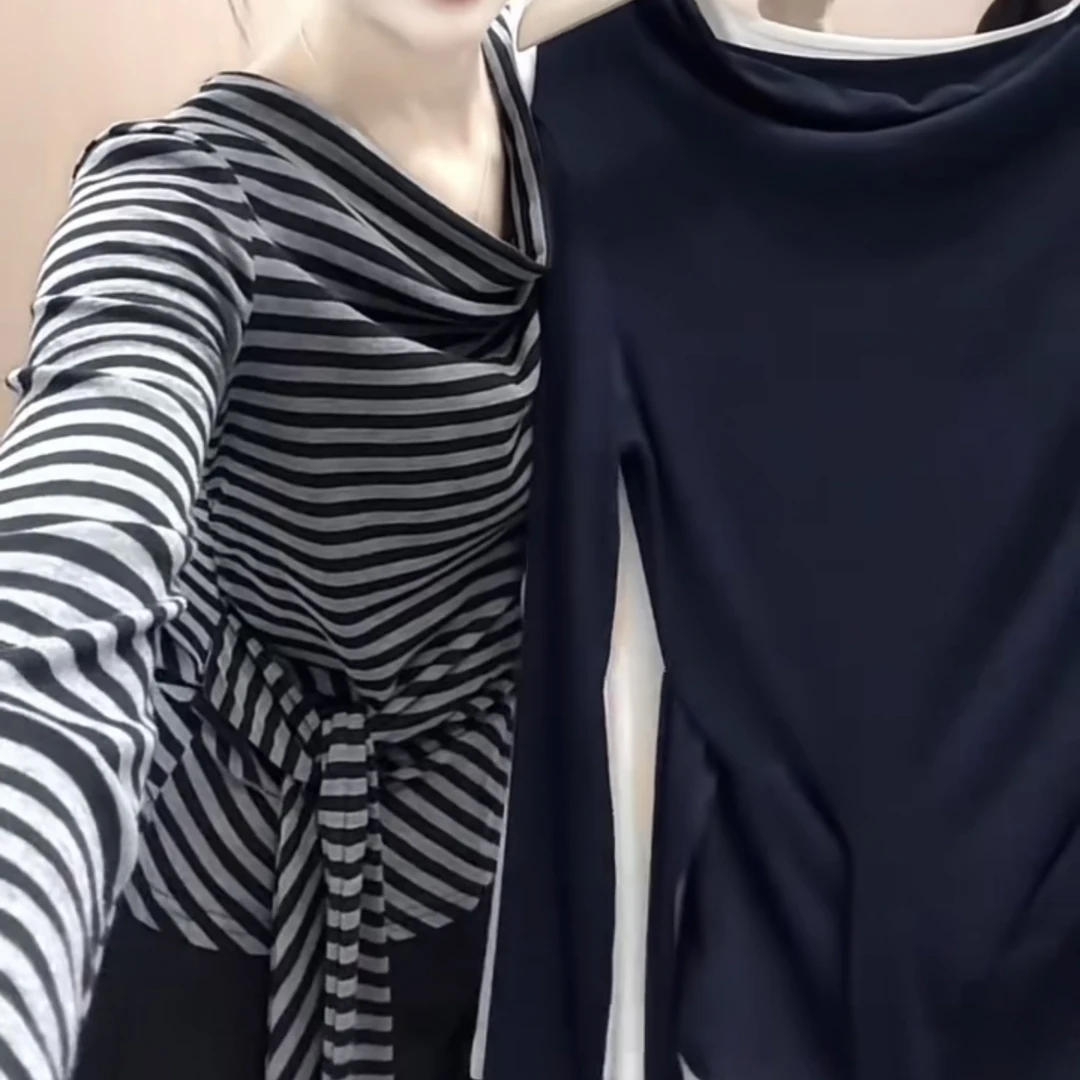 宽松型长袖修身型撞色条纹T恤秋冬网红丁达尔风晕染