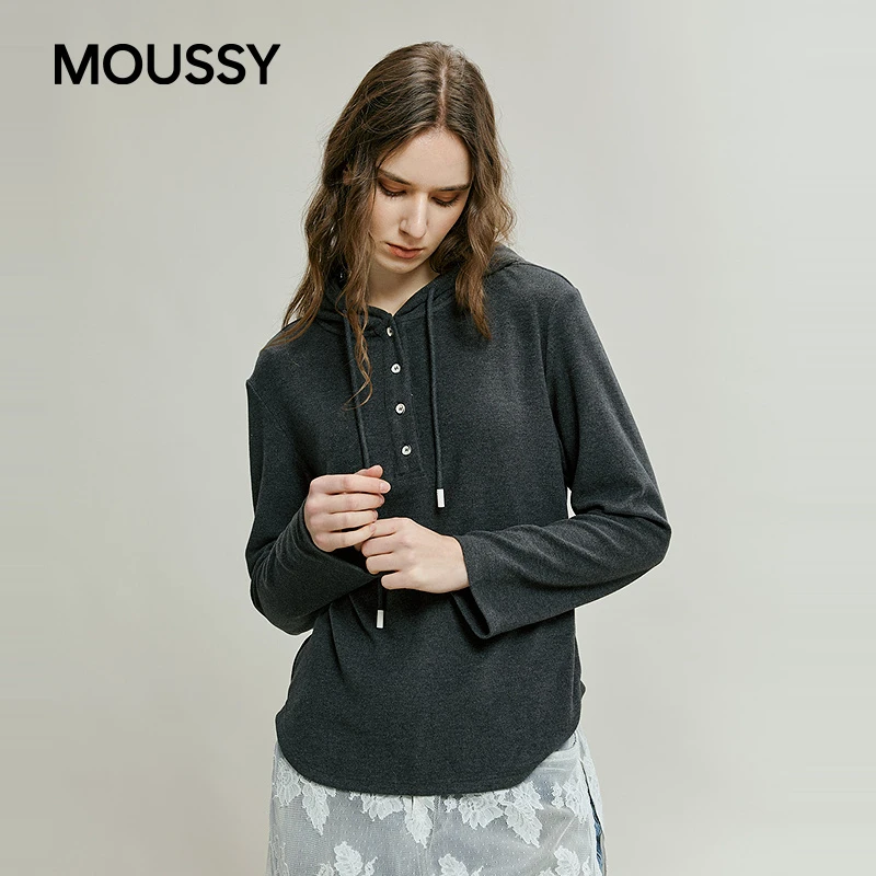 MOUSSY 2025冬季新品休闲慵懒风抽绳连帽亨利领卫衣028IAC80-1020
