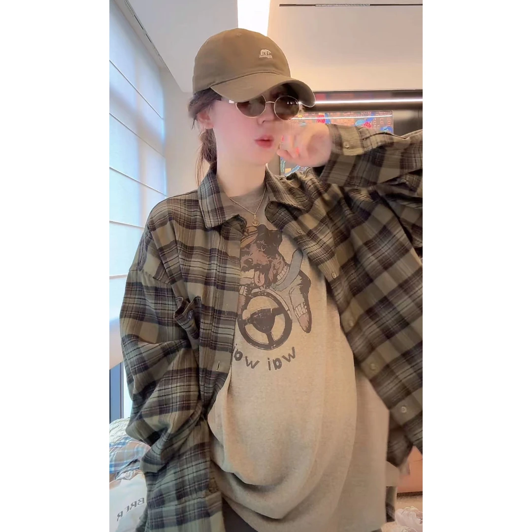 徐靖靖【复古格子】长袖衬衫简约经典百搭宽松慵懒衬衣秋季2508098