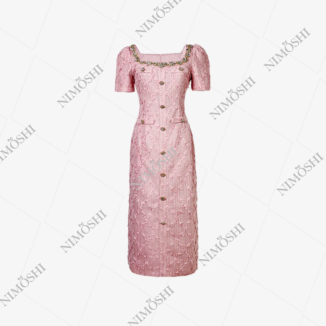 NIMðSHI【芝芝】新款时尚轻奢圆领镶钻气质显瘦款短袖连衣裙女Q1180