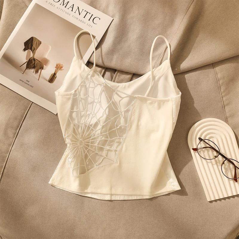 性感辣妹后背蛛网缎面吊带背心女夏季新款带胸垫修身内搭美背上衣