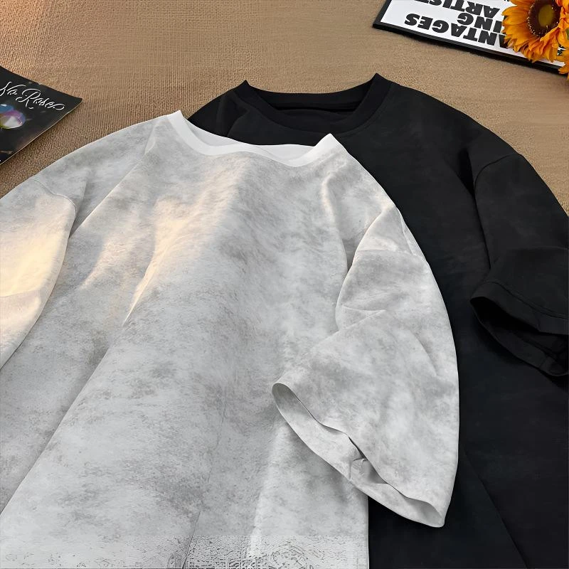 冰丝短袖t恤男2025夏季新款港风宽松潮流扎染半袖轻薄透气大码t恤