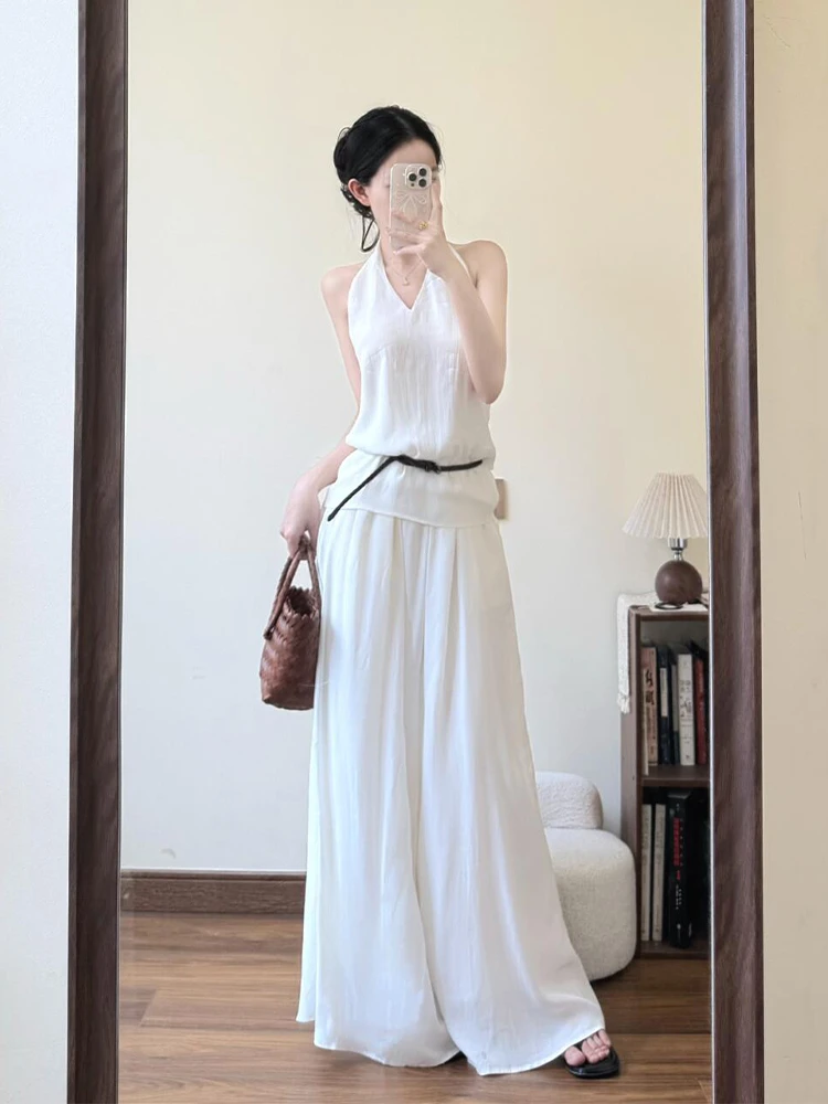 法式时尚套装女2025夏季无袖背心上衣女高腰宽松拖地阔腿裤两件套