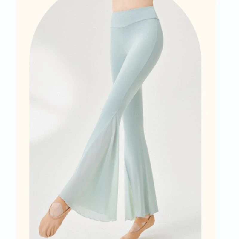 夏季新款轻薄飘逸网纱下摆交叉设计收腹显瘦喇叭长裤古典舞瑜伽裤