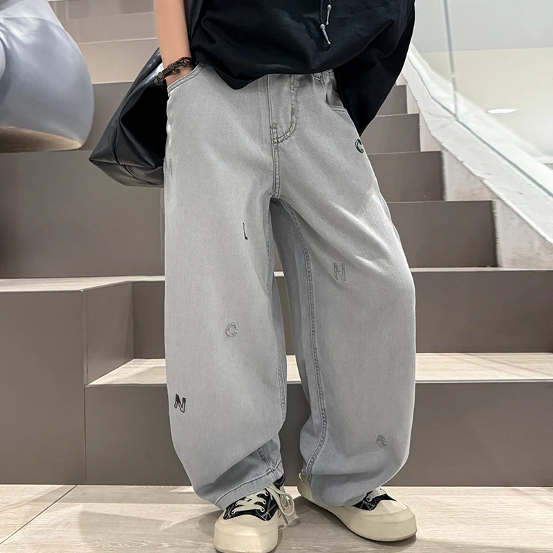 休闲2025新款高腰男孩长裤夏季男童潮流港风高街百搭男大童牛仔裤