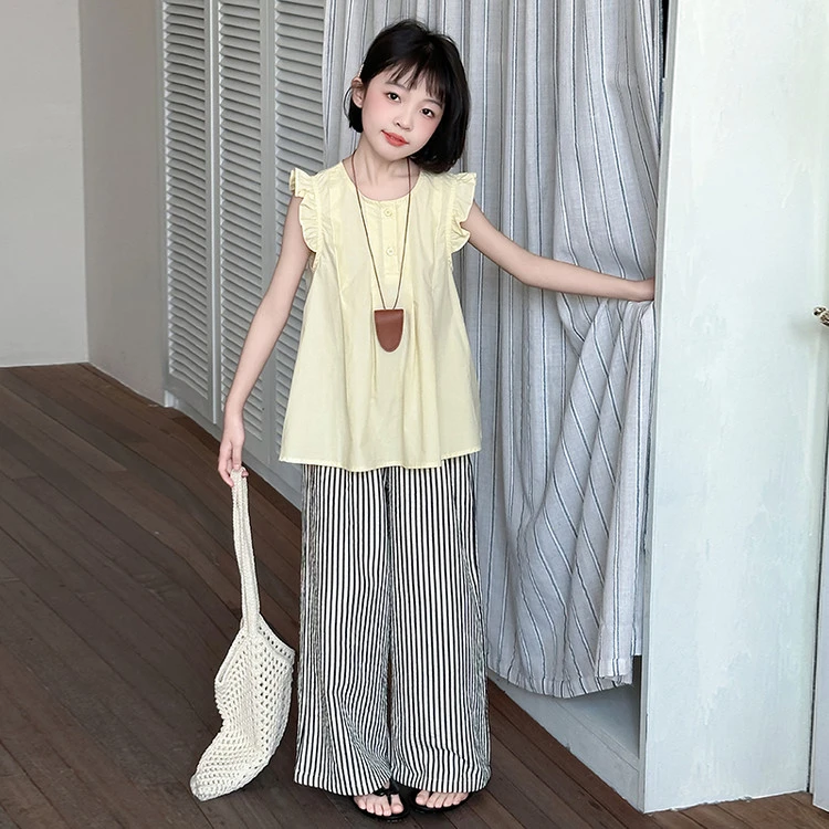 【丫丫童装】2025夏季新款女大童飞飞袖条纹裤套装休闲百搭-K613